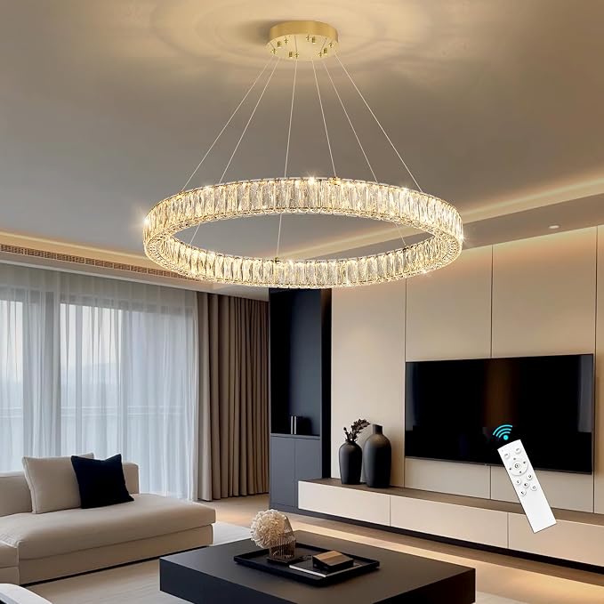 HAIXIANG Modern Crystal Chandelier Dimmable LED Ring Pendant Chandeliers Light