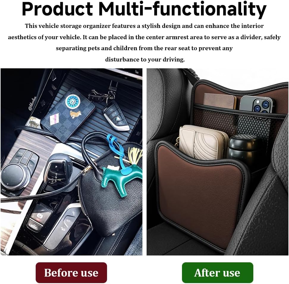 Car Organizer Storage Between Seats, Car Purse Holder, Nappa Leather Front Seat Storage Bag with Tissue Holder, Large Capacity Auto Console Organizer for Document Phone Wallet Snack (Brown)