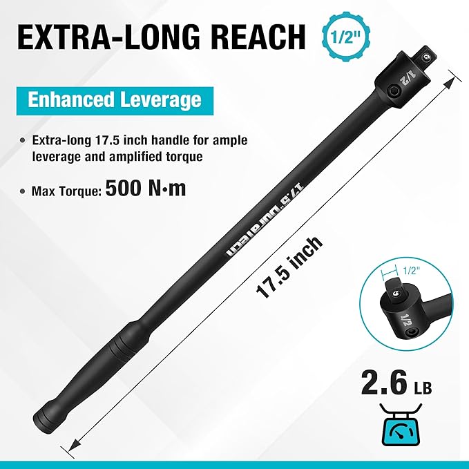 DURATECH Breaker Bar, 1/2'' Drive 17.5-Inch Breaker Bars Heavy Duty, with 240° Flex Head, Spring-loaded Detent Ball, CR-MO Head, Premium Black Phosphate Finish