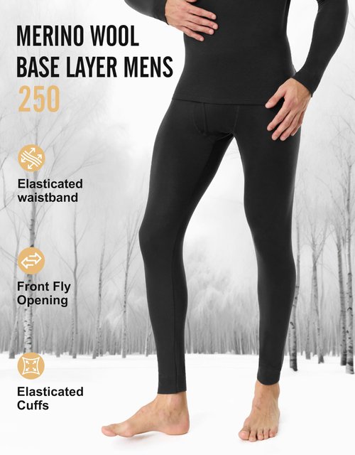 FORVEVO Merino Wool Base Layer Mens Bottom Pants, 100% Wool Long Johns for Men,Heavyweight Thermal Underwear for Cold Weather(Black,250g,L)