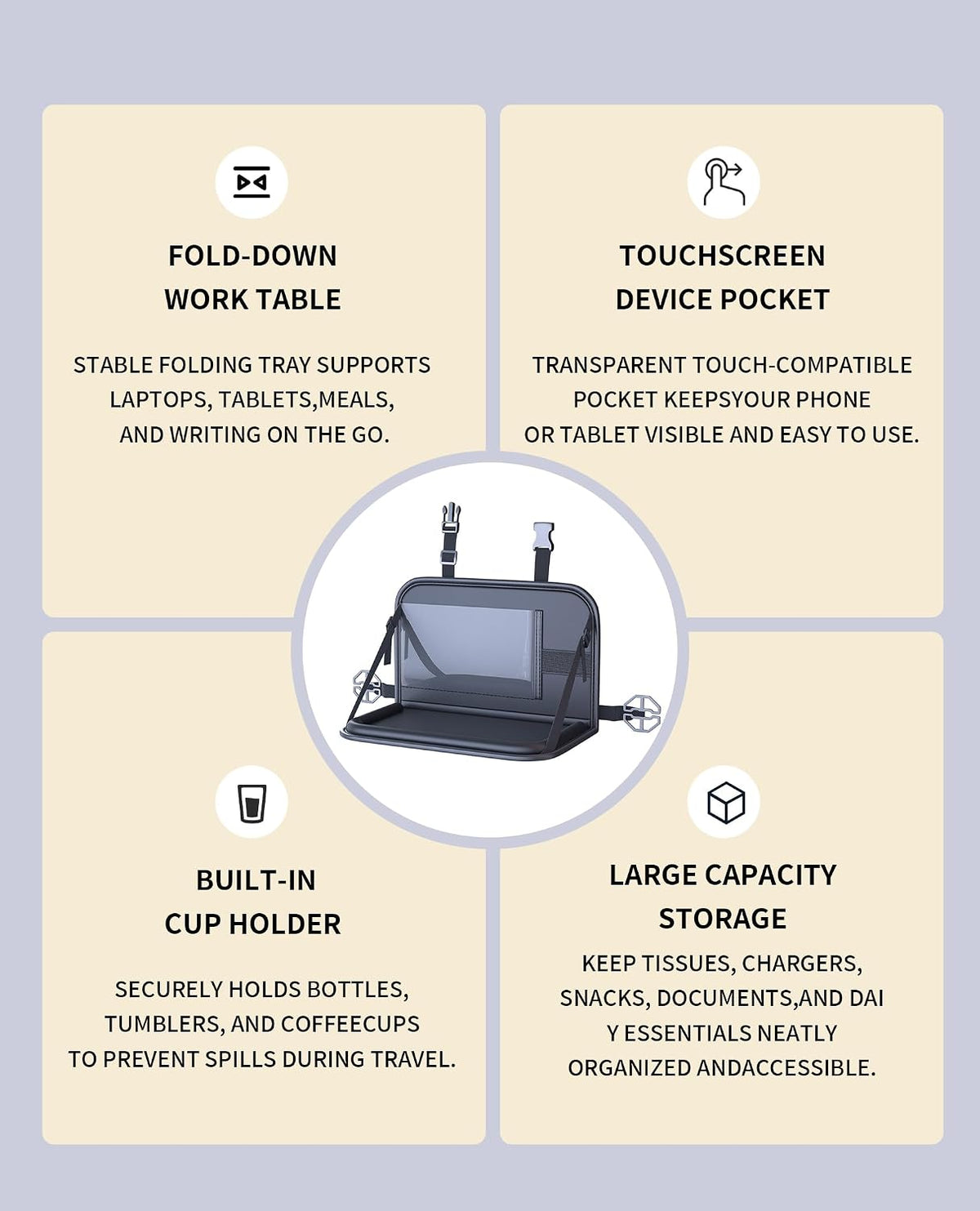 Backseat Car Organizer with Foldable Tray &amp; Tablet Holder | Easy to install, durable &amp; easy to clean, space-saving, ideal for rear passengers and kids, for road trip dining and working