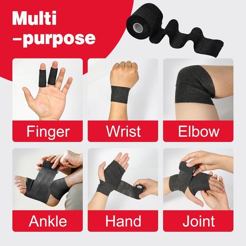 AZEN Self-Adhesive Bandage Wrap - 8 Pack, 2" X 5 Yards, Elastic Cohesive Tape in Black for Athletic Use | Vet & Tattoo Grip