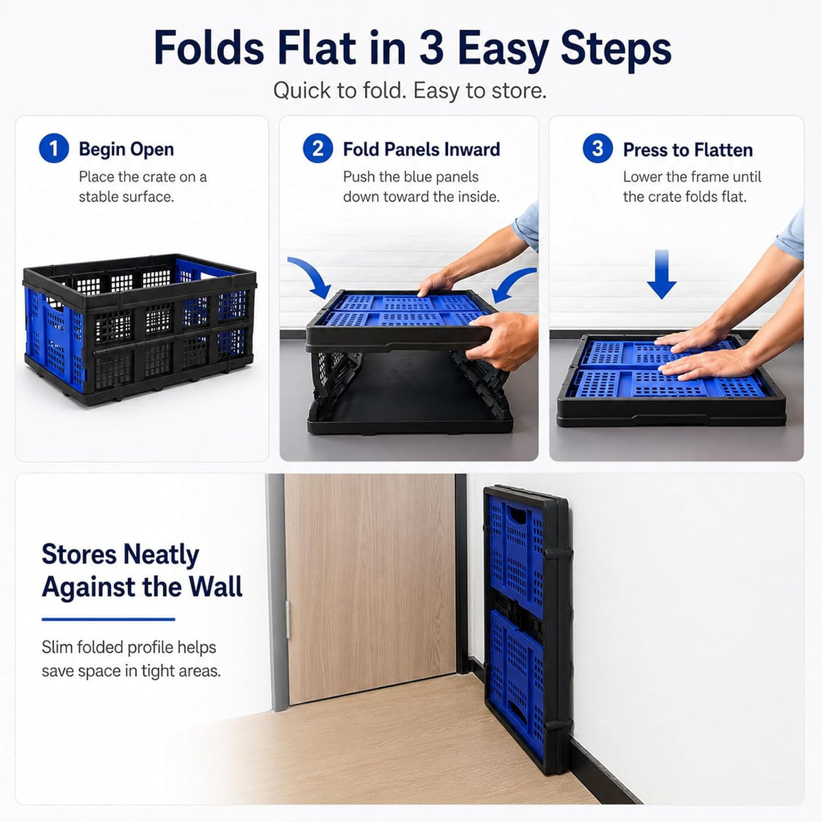 49L Collapsible Storage Crate, Stackable, Blue, 1 Pack