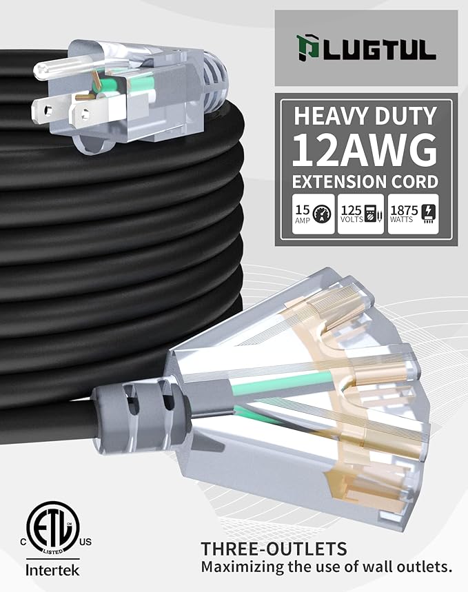 6Ft 12/3 Outdoor Extension Cord with 3-Outlets, Heavy Duty 12 Gauge 3 Prong Extension Cord Waterproof with Lighted end, 15A 12AWG 1875W SJTW, ETL Listed - Great for Garage, Garden and Home, Black