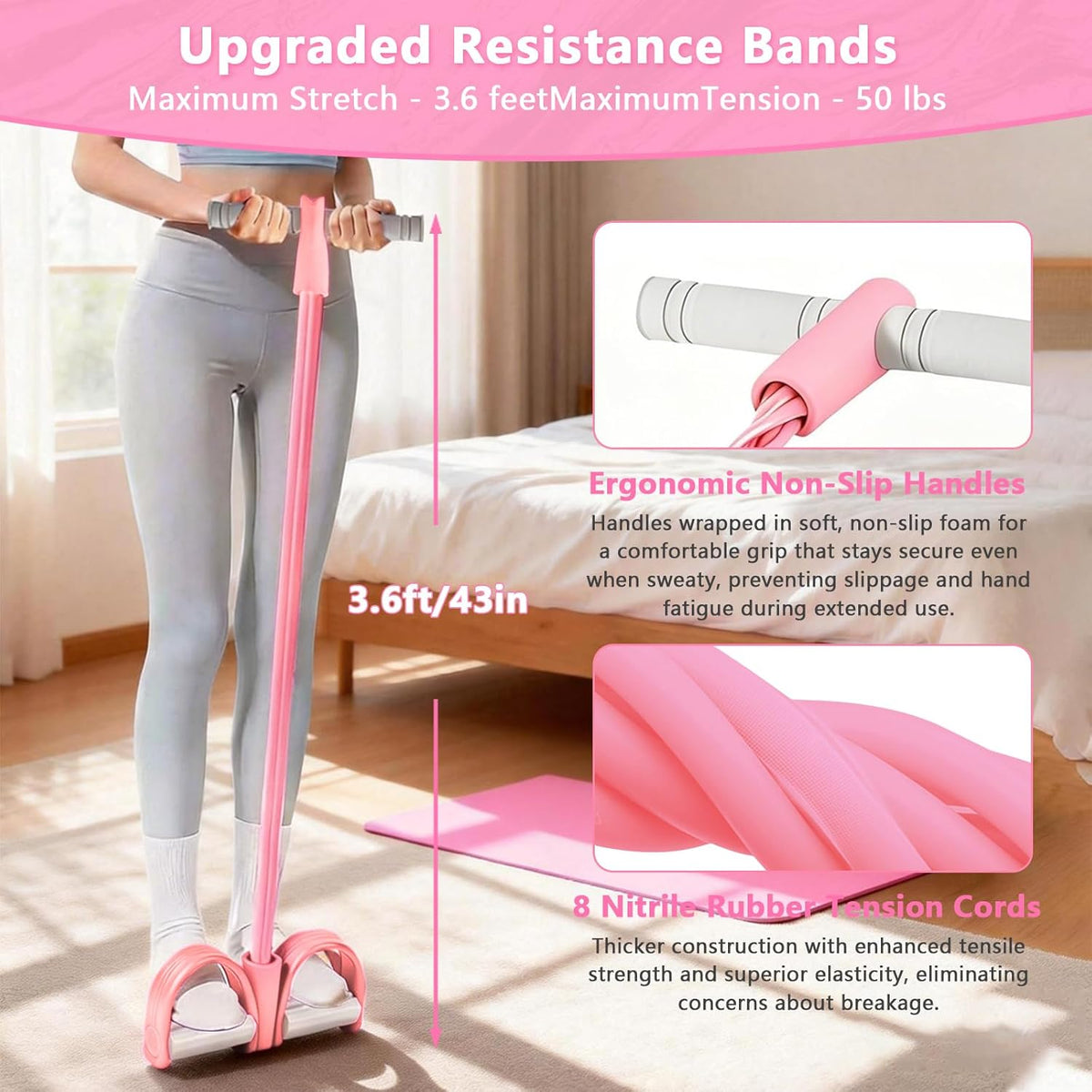 Pedal Resistance Band by 8-Tubes - Multifunctional Exercise Rope for Full Body Workout - Pink