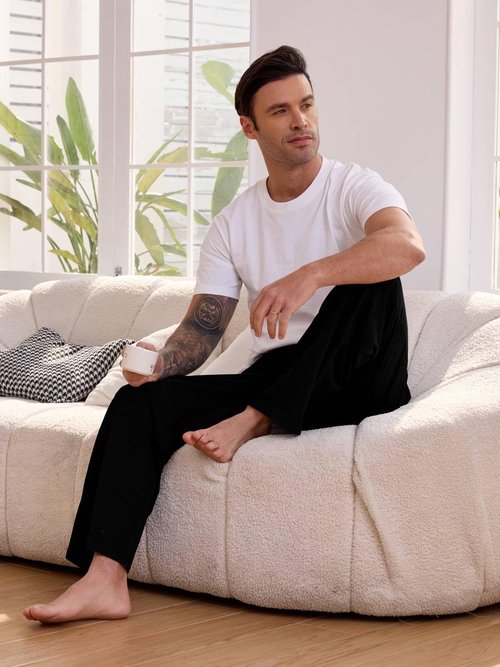 INCERUN Men's Sweatpants Casual Lounge Cotton Pajama Yoga Pants Open Bottom Straight Wide Leg Sweat Pants Baggy Sweatpants with Pockets Black Large
