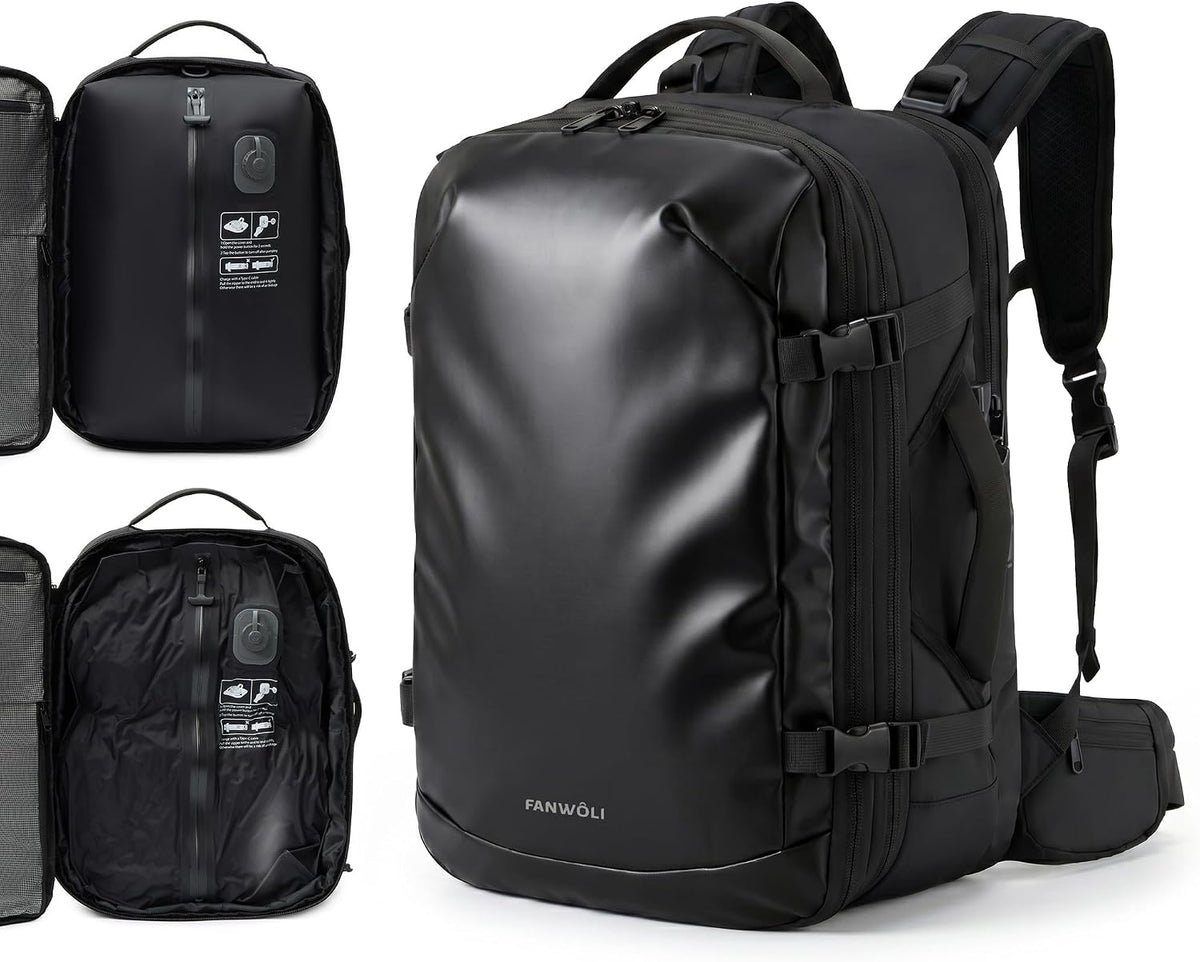 Fanwoli Travel Backpack with One-Button Vacuum System, Carry-On | Built-in Pump, Detachable Hip Belt, Expandable, TSA Lock, Water-Repellent, Wet/Dry Separate, Shoe Pocket, Fits 17" Laptop