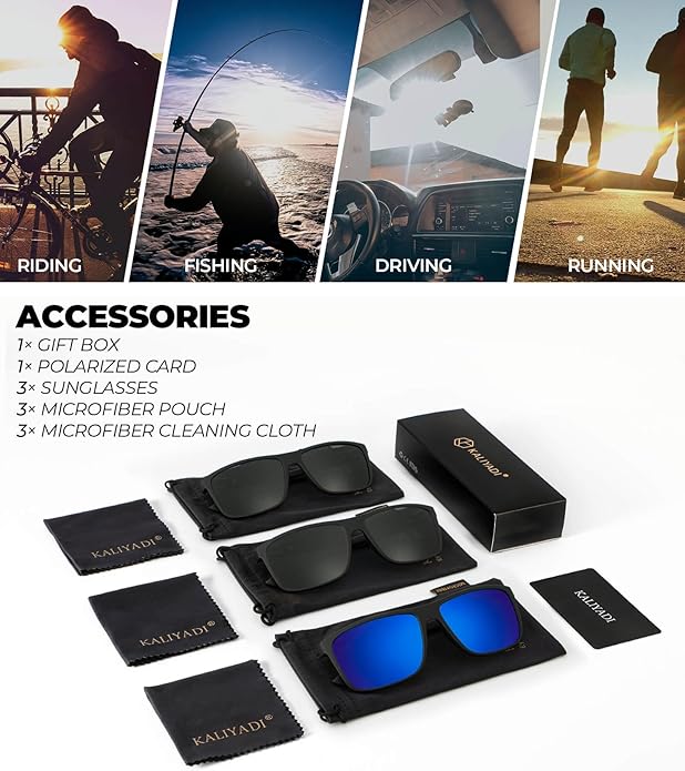 KALIYADI Polarized Sunglasses for Men and Women, Mens Sun Glasses with UV Protection for Driving Fishing Golf (3 Packs)