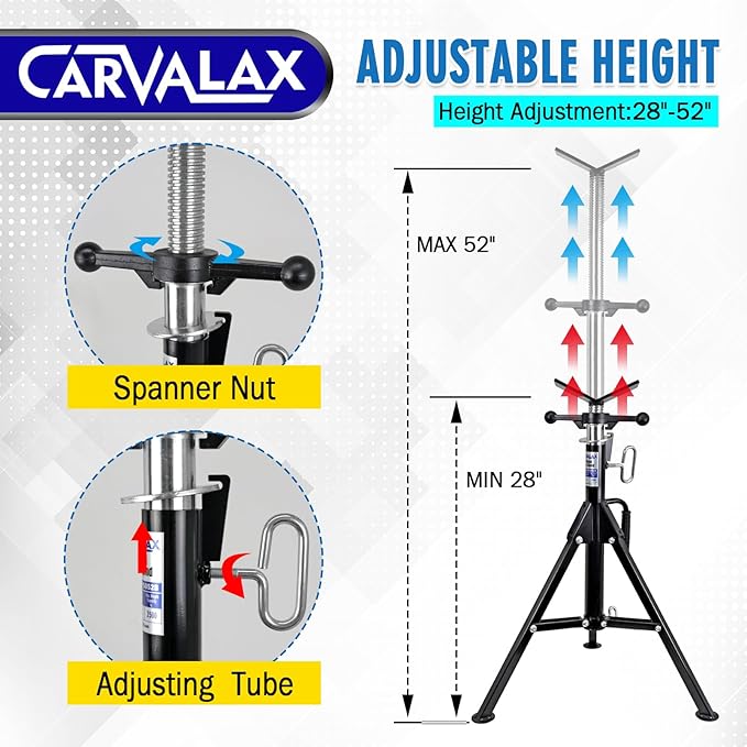 CARVALAX V-Head Pipe Jack Stands, 28"-52" Adjustable Pipe Stand Fits 1/2" - 12" Pipe Capacity w/ 2500LB Load Capacity, Steel Pipe Stand for Welding w/Portable Folding Legs