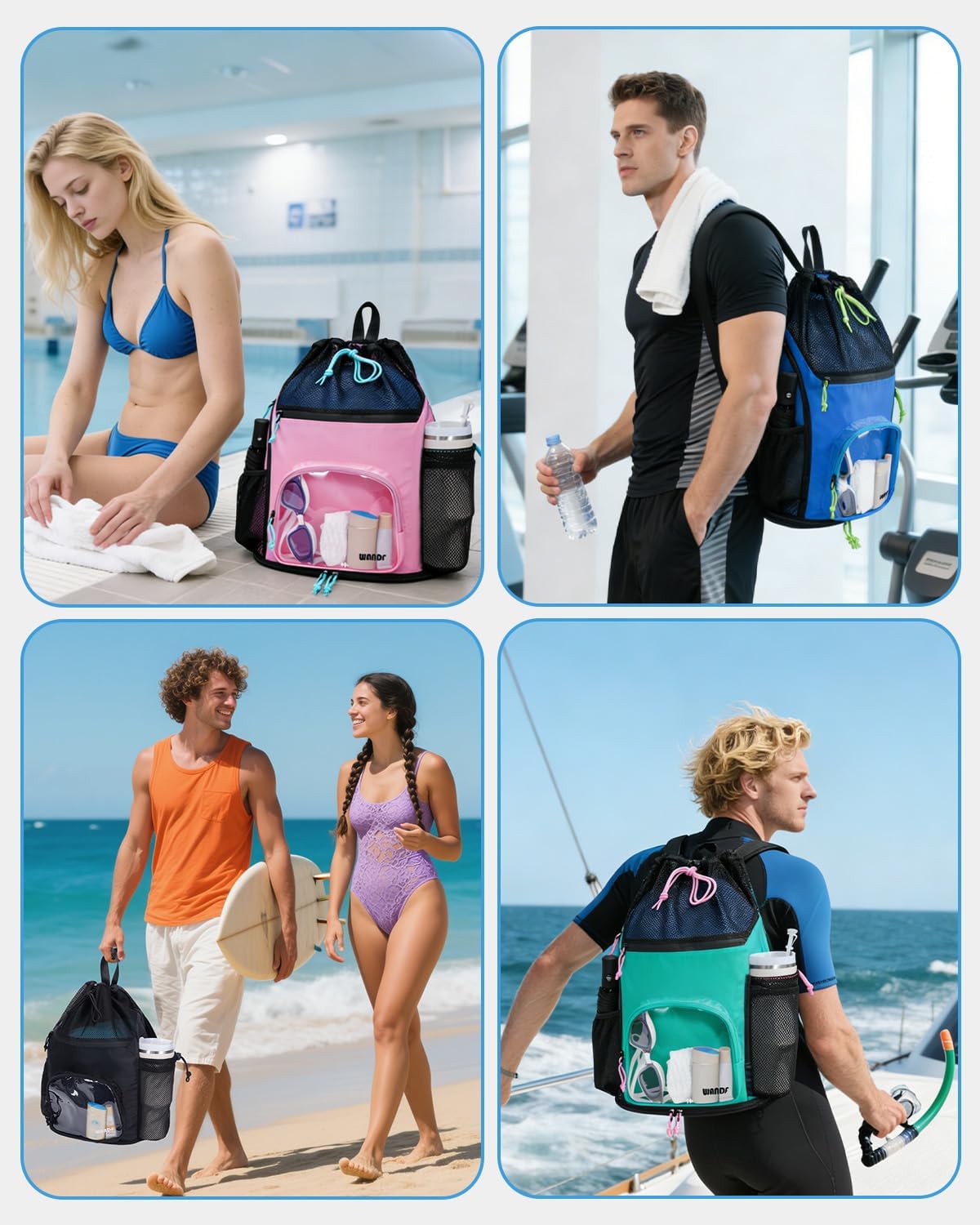 WANDF Swim Bag - Sandproof Beach Backpack with Wet Pockets & Tumbler Side Pockets | Black