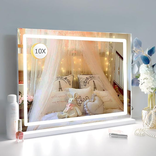 Makeup Vanity Mirror with Lights, 31.5"x 23.6" Large LED Lighted Mirror with 10X Magnification and USB Charging Port, Smart Touch 3 Colors Dimmable, Touch Control for Bedroom, White