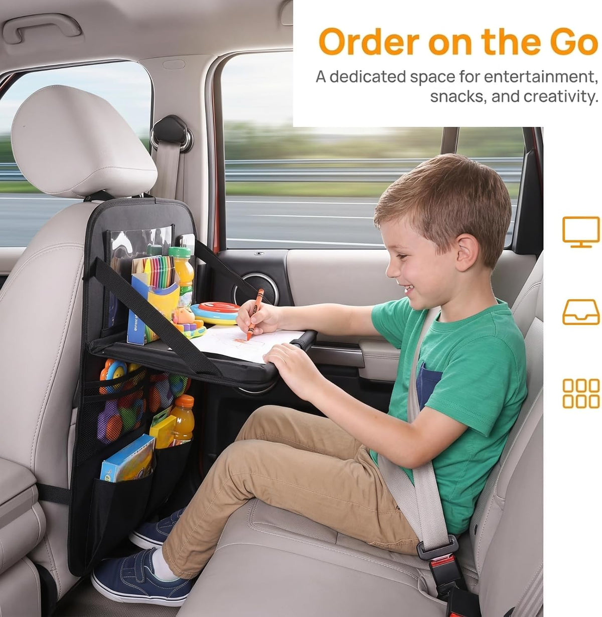 Car Backseat Organizer 1-Pack with Tablet & Storage Tray, Waterproof 600D Oxford Fabric Seat Back Protector, Kick Mats, Adjustable Straps Fit Most Vehicles, Road Trip Essentials for Kids