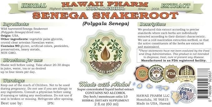 Senega Snakeroot Alcohol-Free Liquid Extract, Senega Snakeroot (Polygala Senega) Dried Root Glycerite Natural Herbal Supplement, Hawaii Pharm, USA 4 fl.oz