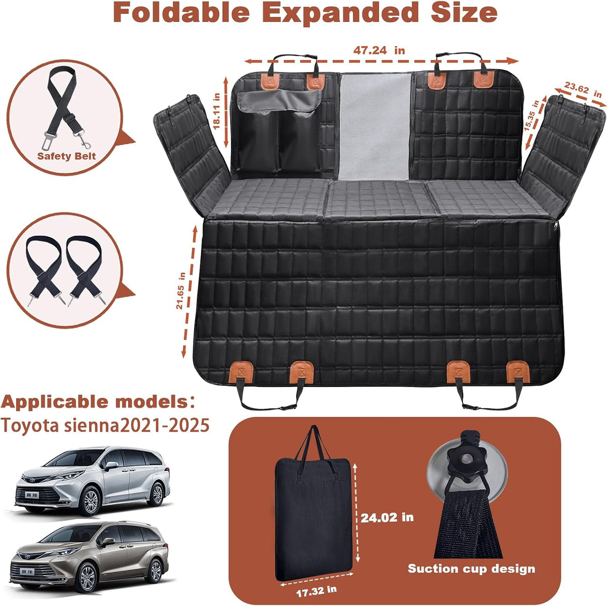 For Toyota Sienna Accessories 2025 Dog Car Seat Cover - Back Seat Extender Hard Bottom Seat Cover Dog Hammock Heavy Duty, Anti-Scratch & Waterproof Pet 3nd Row Seat Mat Protector for Sienna 2021-2025
