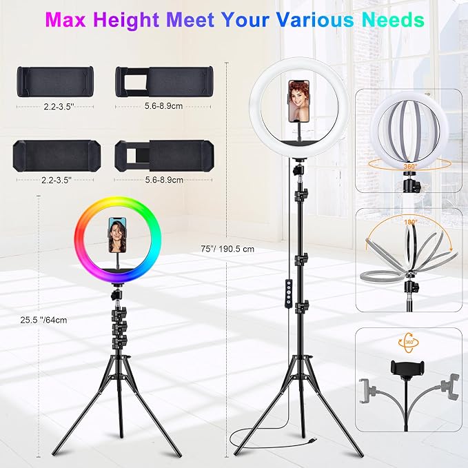 STALLY 10.2" Ring Light with Stand, 12 Dimming Levels, 32 Color Modes Selfie