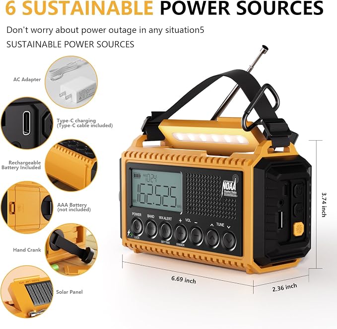 Emergency Radio12000mAh, Weather Radio 6 Ways Powered, Solar Hand Crank Radio