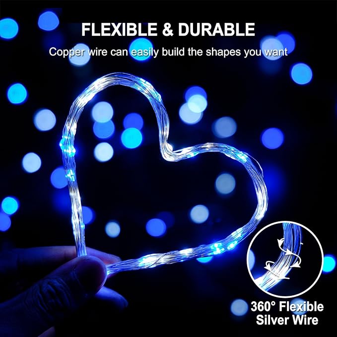 JMEXSUSS 4 Pack 50 LED Fairy Lights Battery Operated Silver Wire 16.1ft Waterproof Blue & White Twinkle Lights for Gifts Party Wedding Christmas Indoor Outdoor Decorations