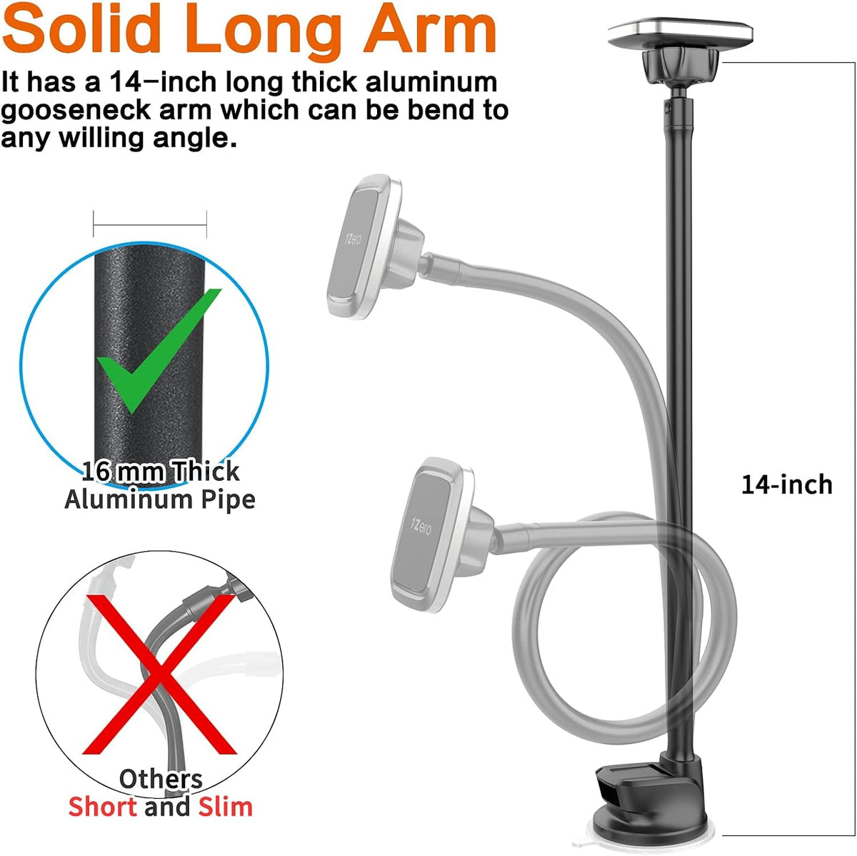 1Zero Magnetic Phone Car Mount 14-Inch Gooseneck Long Arm Extension