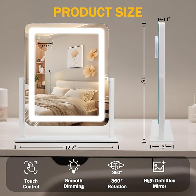 Rechargeable Vanity Mirror with Lights, 3000mAH Battery, 15"×12.2" LED Makeup Mirror, 10X Magnification, Smart Touch with 3-Color Lighting, 360° Rotation, Lighted Up for Makeup Desk, Bedroom (White)
