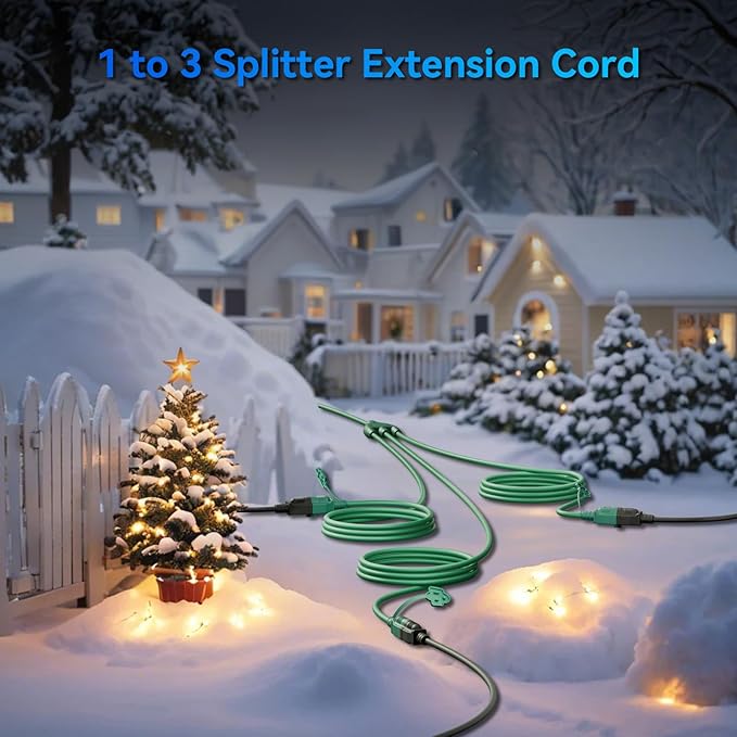 K KASONIC - 40FT Outdoor Extension Cord 1 to 3 Splitter, 3 Prong Outlets Plugs with Safety Covers, Weatherproof Extension Cord for Christmas Decorations, 16/3 SJTW, ETL Listed, Green