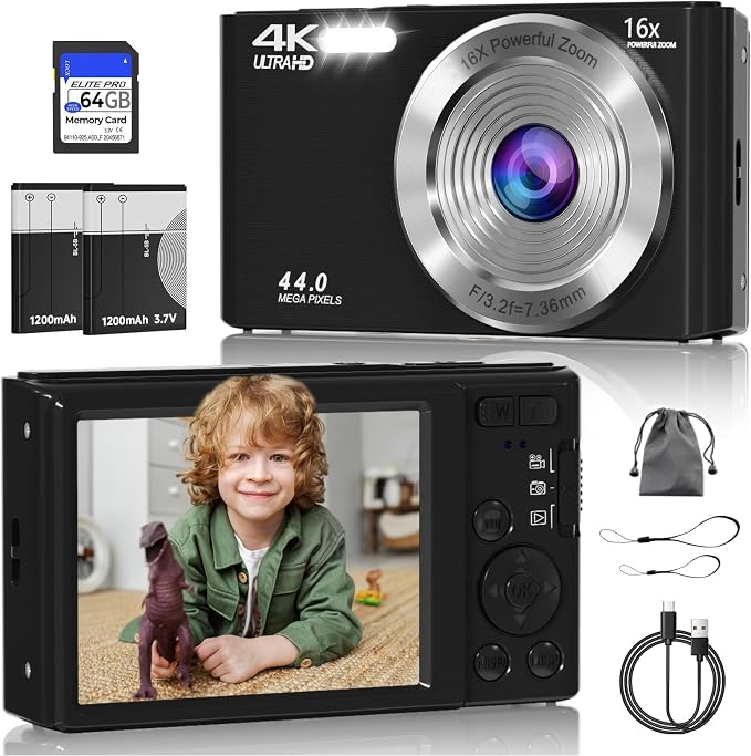 Digital Camera, FHD 4K 44MP Digital Camera, 16X Digital Zoom, Digital Point and