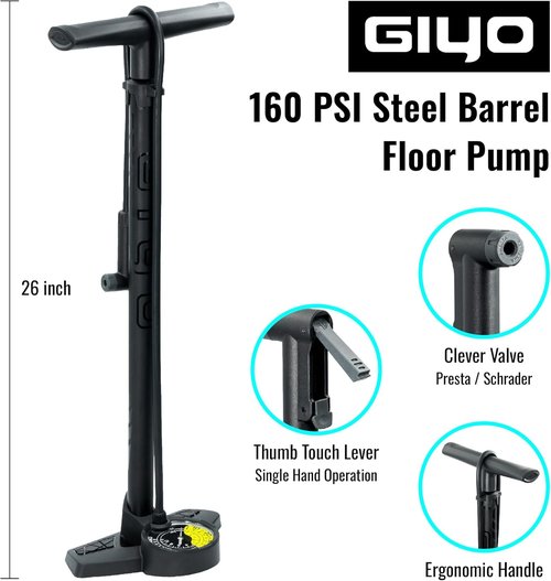 GIYO Bike Floor Pump - Dual Scale Gauge for Road & MTB | One-Handed Operation - Max 160 PSI Steel Barrel