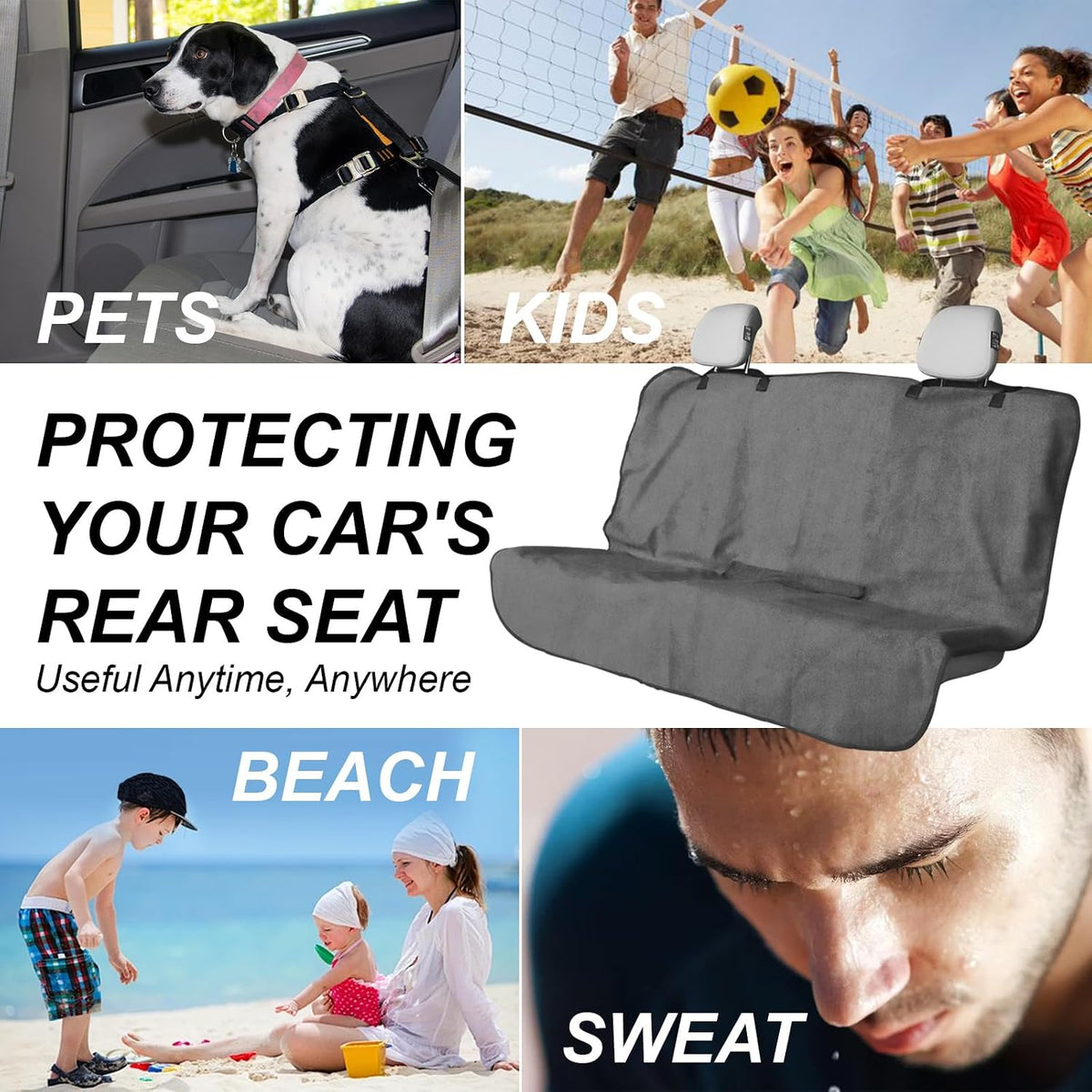 Sweat Towel Car Seat Cover Protector Front Seats for Gym Workout, Running, Swimming, Beach and Hiking, Waterproof Universal Seat Cover for Car, Trucks, Van & SUV (1, Pure Grey, Rear Seat)