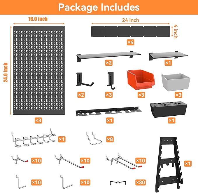 WALMANN 113 PCS Pegboard Wall Organizer Kit with Pegboard Hooks, Bins, Shelves, Pegboard Tools Storage System for Garage, Workbench, Modular Peg Board Tool Organizer Board with Hooks(Black)