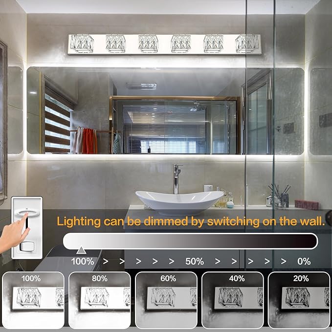 ZUZITO 6 Lights Bathroom Vanity Light - LED Bathroom Lights Over Mirror 5CCT Dimmable - Modern Crystal Chrome Vanity Wall Light
