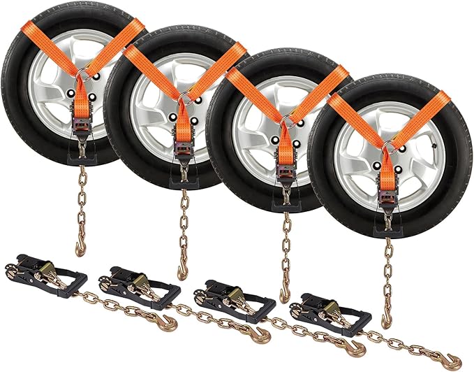 VEVOR Car Tie Down with Chain Anchors, Lasso Style 2"×120" Tire Straps, 5865 LBS Working Load, 11023 LBS Breaking Strength, with Heavy Duty Ratchets for Passenger Car, ATV, SUV, UTV, Truck, 4-Pack
