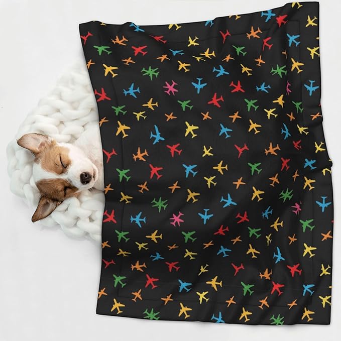 Double Sided Pet Throw for Dogs Who Shed, Colorful Aircraft Airplane Black, Reversible Blanket with Nubby Dot Side Catches Loose Fur for Easier Furniture Cleanup