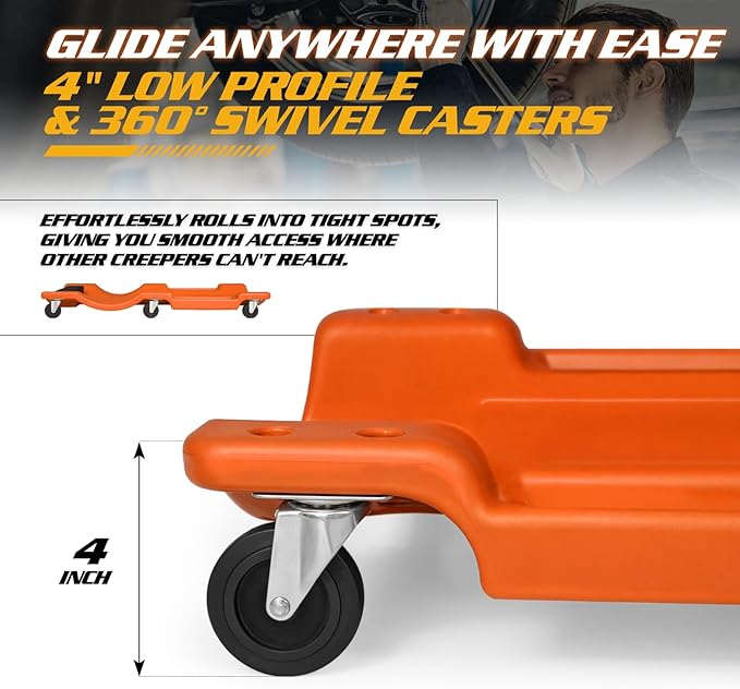 Magshion Mechanic Creeper with Padded Headrest and Tool Tray, 330 lbs Capacity Rolling Garage Shop Creeper with 6 Wheels, Lightweight and Portable Automotive Creeper (Orange)