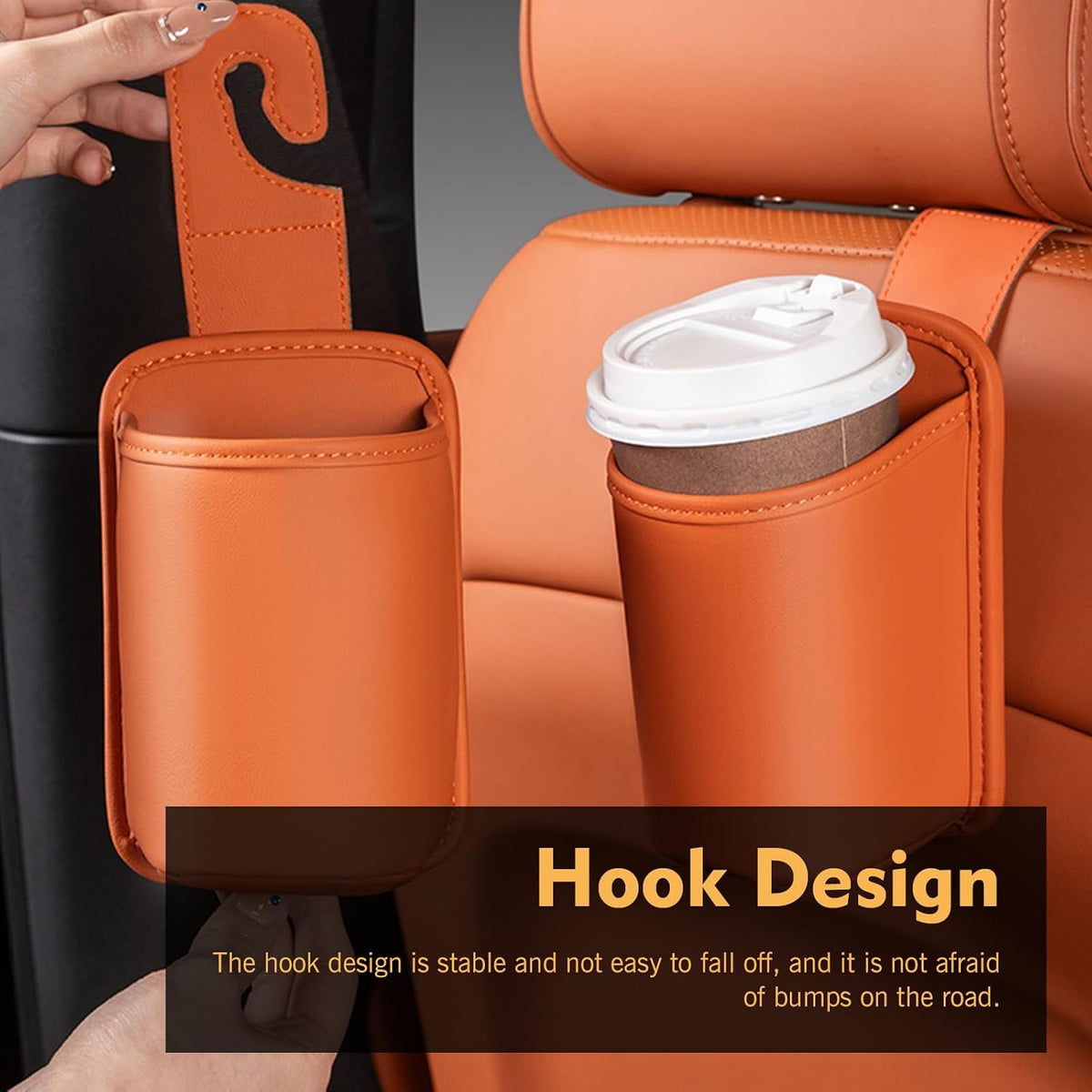 2 PCS Car Seat Back Headrest Cup Holders, Leather Large Capacity Organizer for Cup & Phone & Trash, Anti-spill Multi-functional Hanging Storage Bag, for Cars SUVs Trucks (Orange)