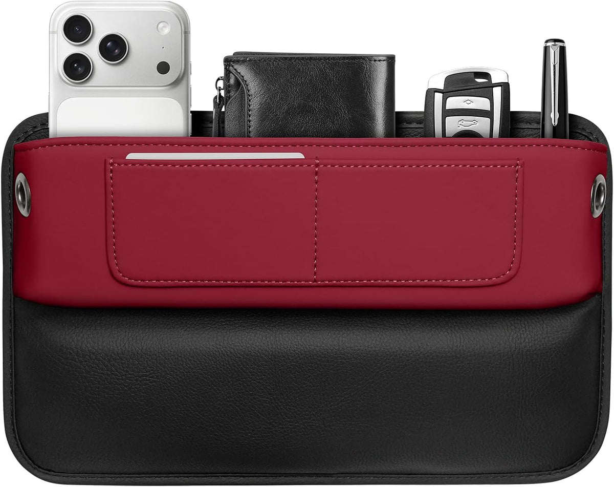 Car Seat Gap Filler Organizer – Phone Holder, Key/Card/Coin Slot, Premium Nappa Style Microfiber Leather, Prevents Drops. Universal Fit for Sedans, SUVs, Trucks (Burgundy)