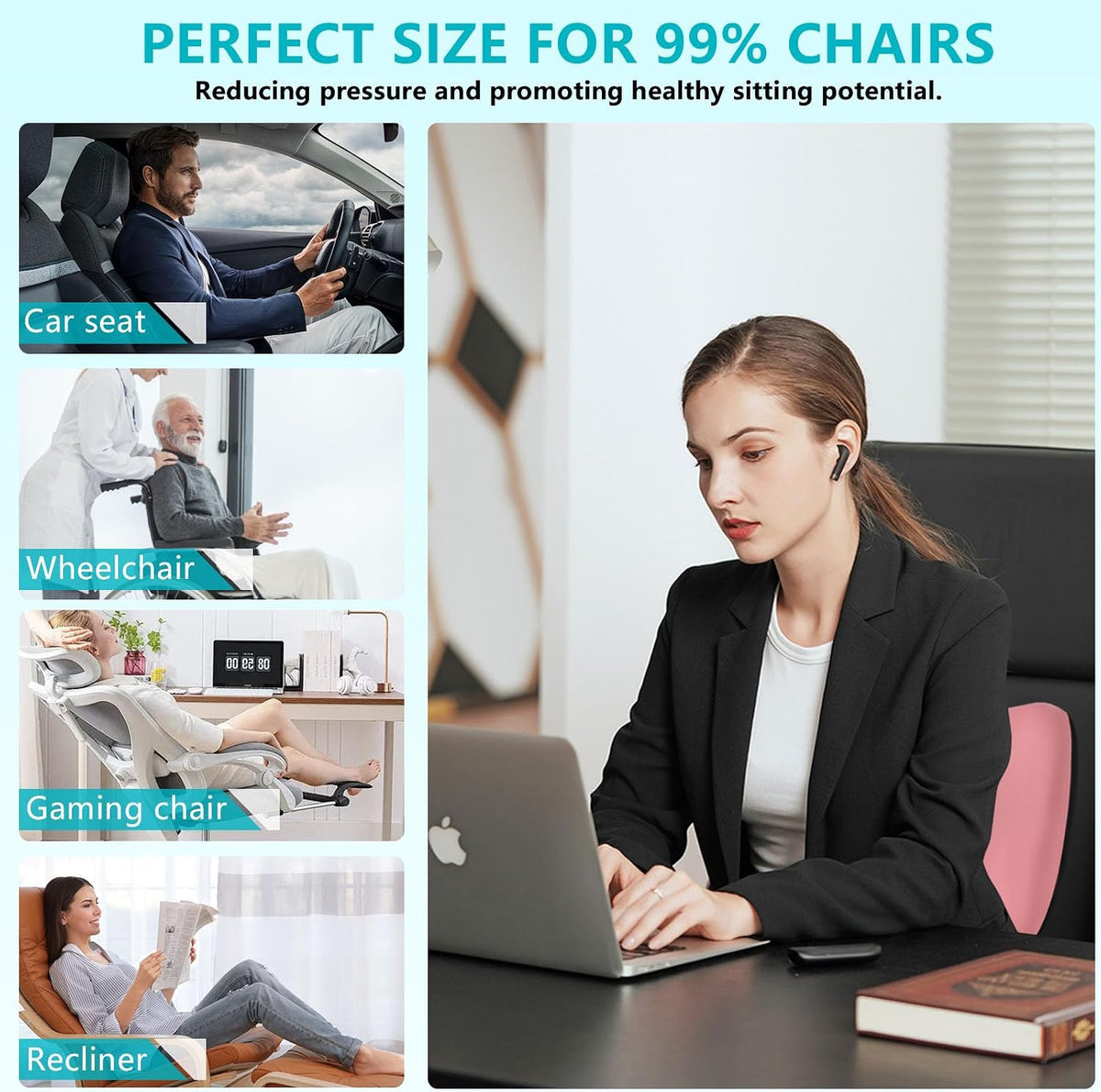 FLORICH 3 PCS Seat Cushion for Carseat Lumbar Support Pillow Car Neck Headrest Pillow 100% Memory Foam Seat Pads Pressure Relief Back Cushion for Office Chair(Light Pink)