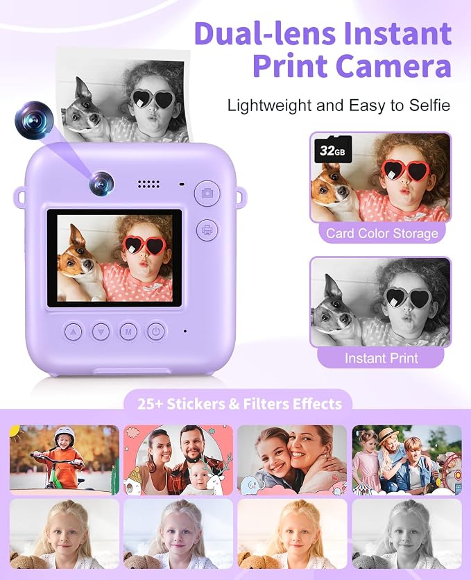 Digital Camera for Kids Instant Print, 48MP Dual-Lens Kids Camera for Girls