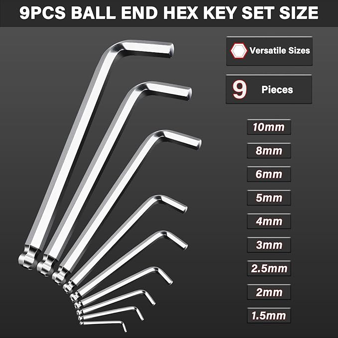 HAUTMEC Metric Allen Wrenches Sets with Ball End, 9PCS L Shape Hex Key Set, CR-V Steel Allen Key Set, 1.5-10mm, Industrial Grade, Strength Helping, HT0223-SS