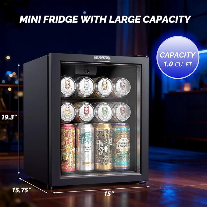 ROVSUN 46 Cans/1.0 Cu.Ft. Beverage Refrigerator Cooler, Countertop Small Fridge with Double Layer Glass Door & Adjustable Shelf for Bedroom Home, Quiet Mini Fridge for Soda Wine Beer, 43-64°F, Black