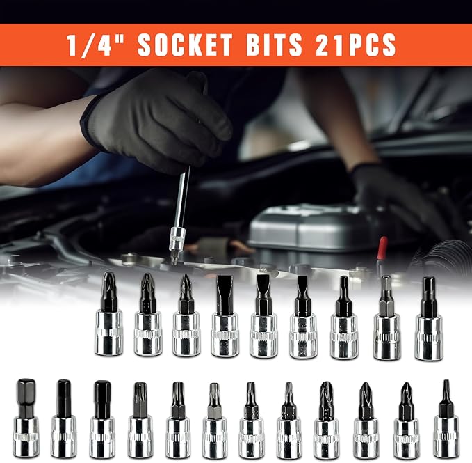 53 Pieces Socket Wrench Set Drive Socket Set with 1/4 Inch Ratcheting Wrench Plastic Toolbox Storage Case for Automotive Repair And Home Use