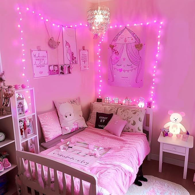 JMEXSUSS 4 Pack 50 LED Pink Fairy Lights Battery Operated, 16.1ft Pink Room Decor Fairy Lights Indoor Outdoor Waterproof, Christmas String Lights for Bedroom Wedding Birthday Holiday Decorations