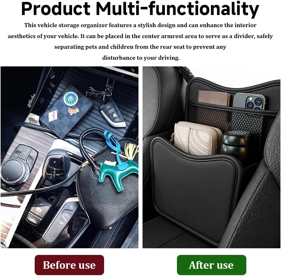 Car Organizer Storage Between Seats, Car Purse Holder, Nappa Leather Front Seat Storage Bag with Tissue Holder, Large Capacity Auto Console Organizer for Document Phone Wallet Snack (Black)