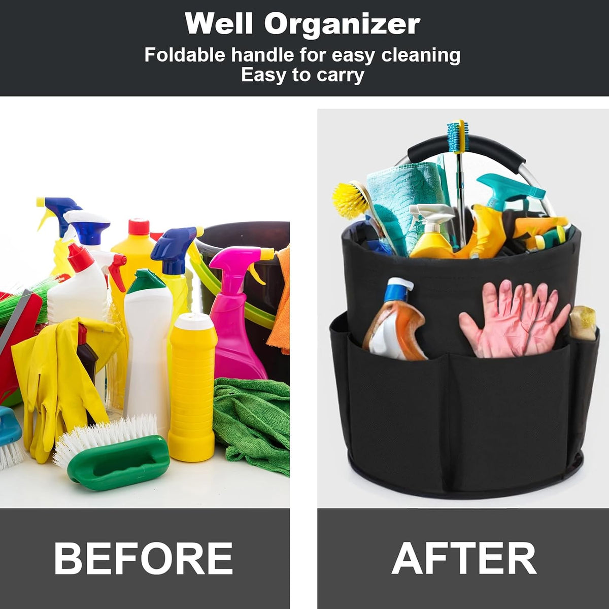 Cleaning Caddy with Handle, Cleaning Products Organiser, 17L Foldable Storage Basket, Cleaning Caddy Organiser, Portable Multi Cleaning Bucket Bag for Home, Garden (Black)
