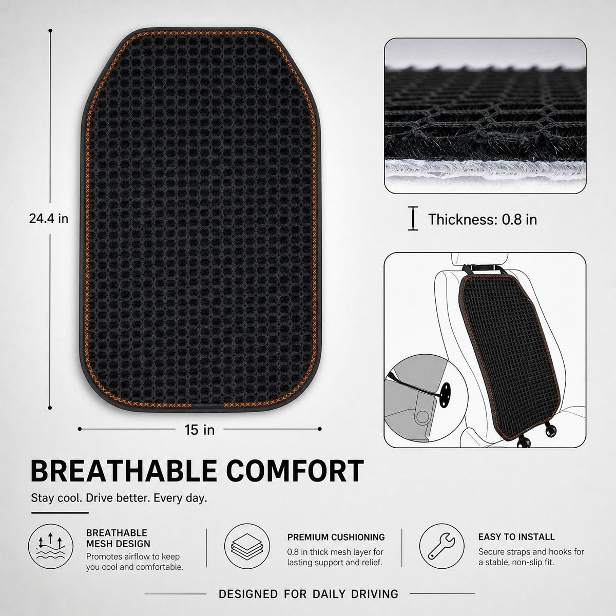 Cool and Breathable 3D air MESH car seat Cushion for Summer, Universal Ventilated Comfortable seat pad, Suitable for sedans, Vans, Pickup Trucks, and SUVs (Black Back cushion-1PCS)