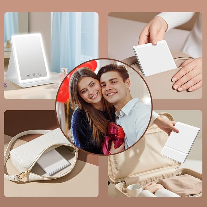 (2 Pack) 2025 Rechargeable Travel Makeup Vanity Mirror with 72 Led Lights,Portable Lighted Beauty Mirror,3 Color Lighting,Dimmable Touch Screen,Tabletop LED Folding Cosmetic Vanity Mirror Desk Table