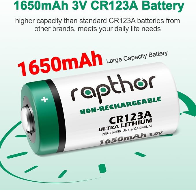 rapthor CR123A 3V Lithium Batteries CR17345 16 Pack 1650mAh High Power 123A 10