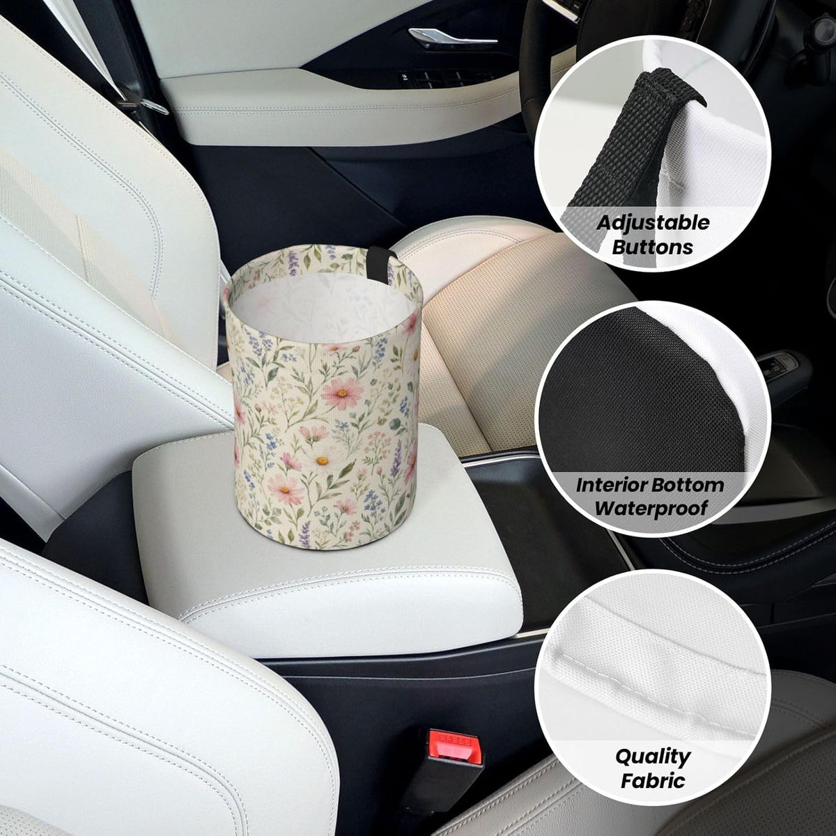 Watercolor Daisy Floral Car Trash Can,Waterproof Hanging Car Garbage Bag for Headrest & Console,Adjustable Collapsible Vehicle Waste Basket with Magic Tape,Car Decor Travelling,Camping,Outdoor