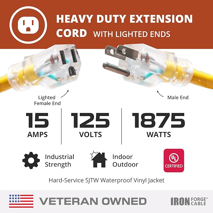 Iron Forge Cable Outdoor Extension Cord 75 Ft - 10 Gauge Heavy Duty Extension Cord, 15 AMP, 10/3 Yellow Power Cable SJTW Weatherproof with 3 Prong