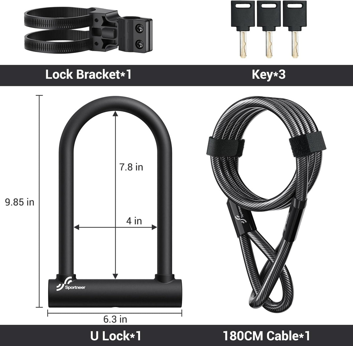 Sportneer Bike U Lock - Heavy Duty 18mm Shackle with 6ft Security Cable | Sturdy Mounting Bracket for All Bikes, 9.85''x6.3''