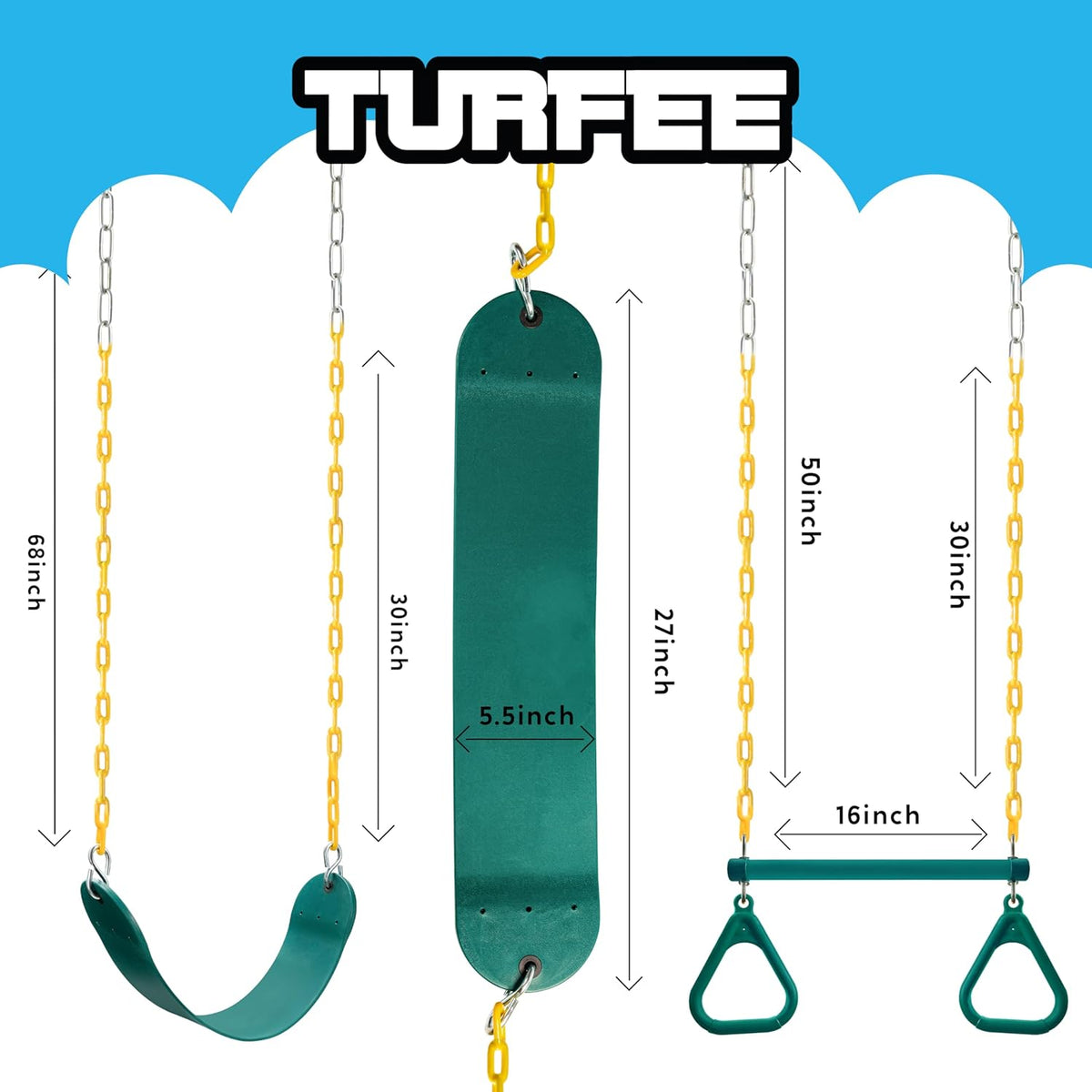 TURFEE Swing Set Accessories - 3 Pack with Gym Rings, Trapeze Bar & 2 Swings - Green for Kids Outdoor Play