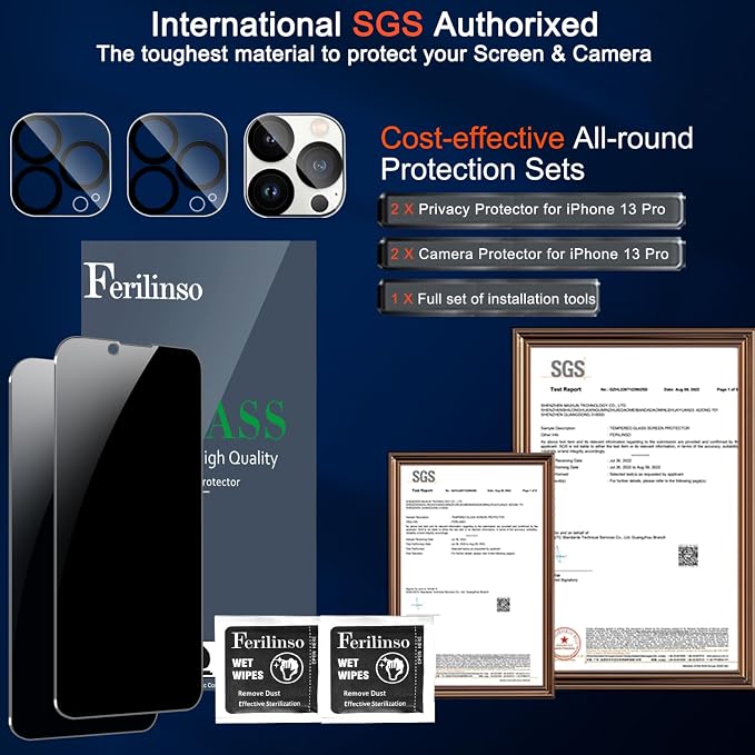 Ferilinso for iPhone 13 Pro Privacy Screen Protector, 2 Pack 9H Anti Spy